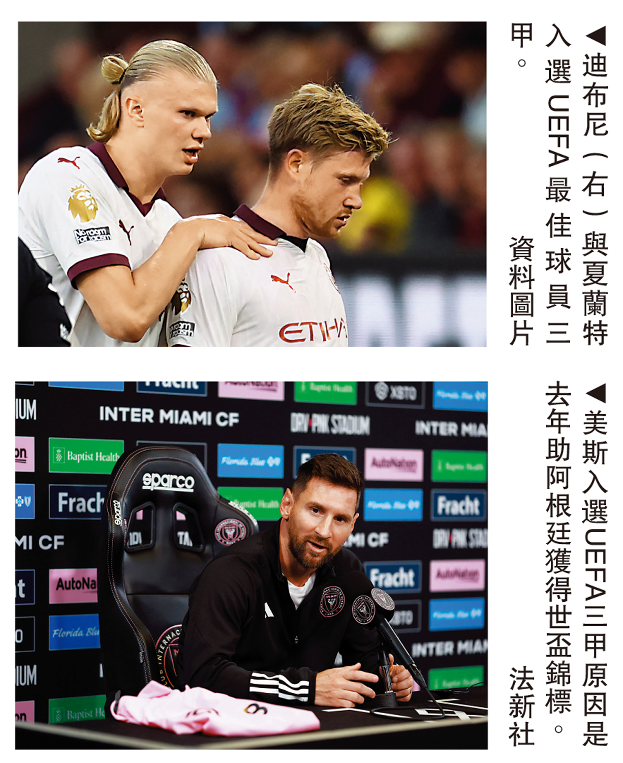 　　上圖：迪布尼（右）與夏蘭特入選UEFA最佳球員三甲。\資料圖片；下圖：美斯入選UEFA三甲原因是去年助阿根廷獲得世盃錦標。\法新社