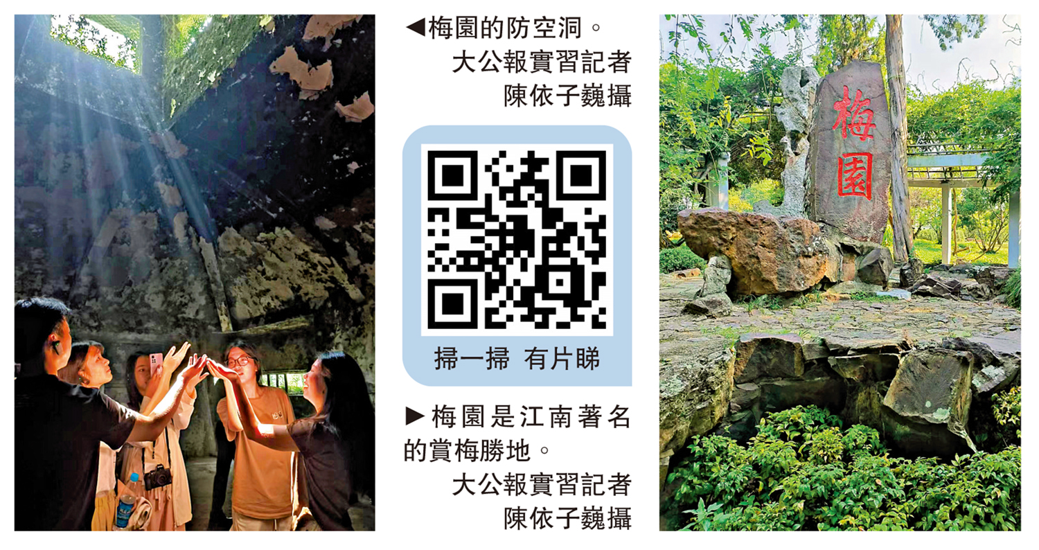　　左圖：梅園的防空洞。右圖：梅園是江南著名的賞梅勝地。\大公報實習記者陳依子巍攝