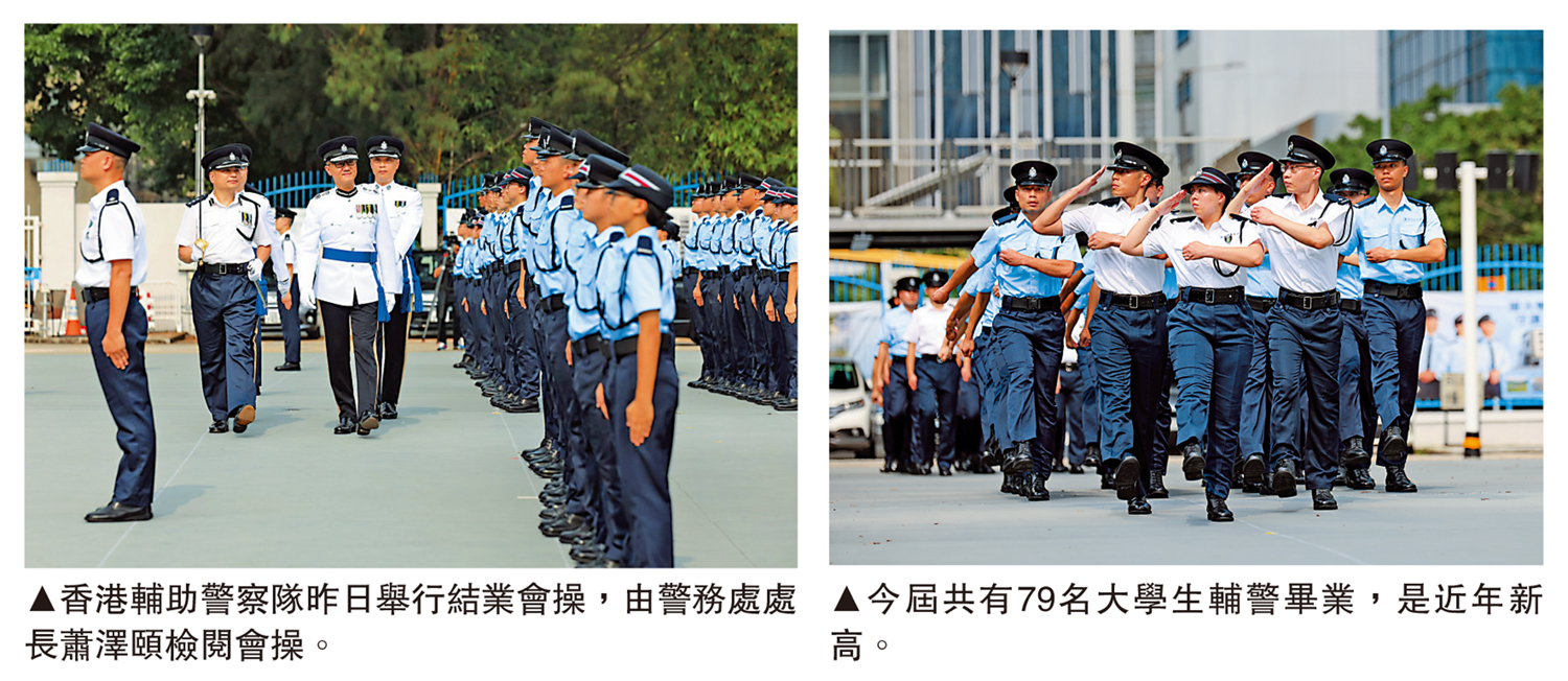 　　左圖：香港輔助警察隊昨日舉行結業會操，由警務處處長蕭澤頤檢閱會操。右圖：今屆共有79名大學生輔警畢業，是近年新高。