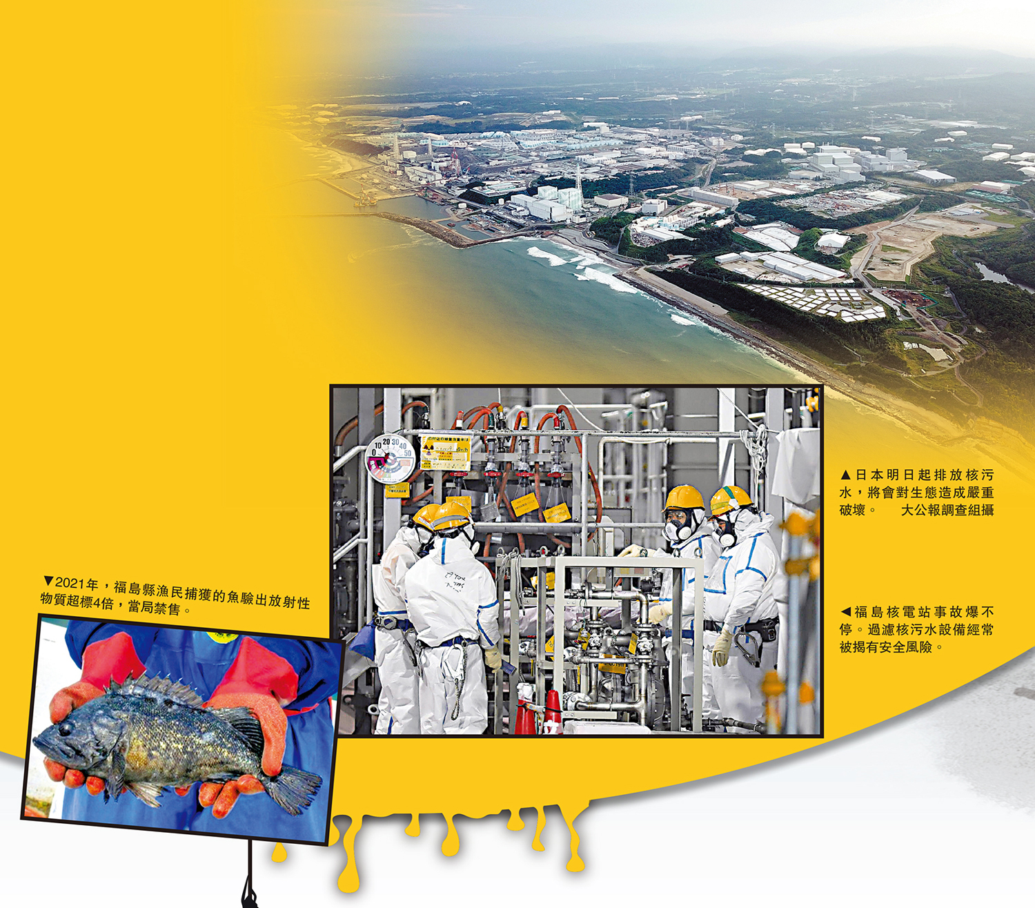 　　左圖：2021年，福島縣漁民捕獲的魚驗出放射性物質超標4倍，當局禁售。右上圖：日本明日起排放核污水，將會對生態造成嚴重破壞。\大公報調查組；右下圖：福島核電站事故爆不停。過濾核污水設備經常被揭有安全風險。