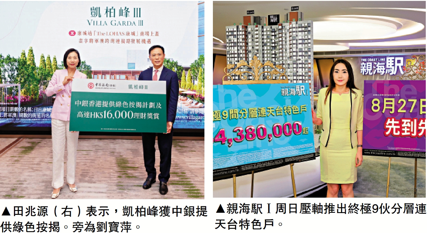 　　左圖：田兆源（右）表示，凱柏峰獲中銀提供綠色按揭。旁為劉寶萍。右圖：親海駅Ⅰ周日壓軸推出終極9伙分層連天台特色戶。