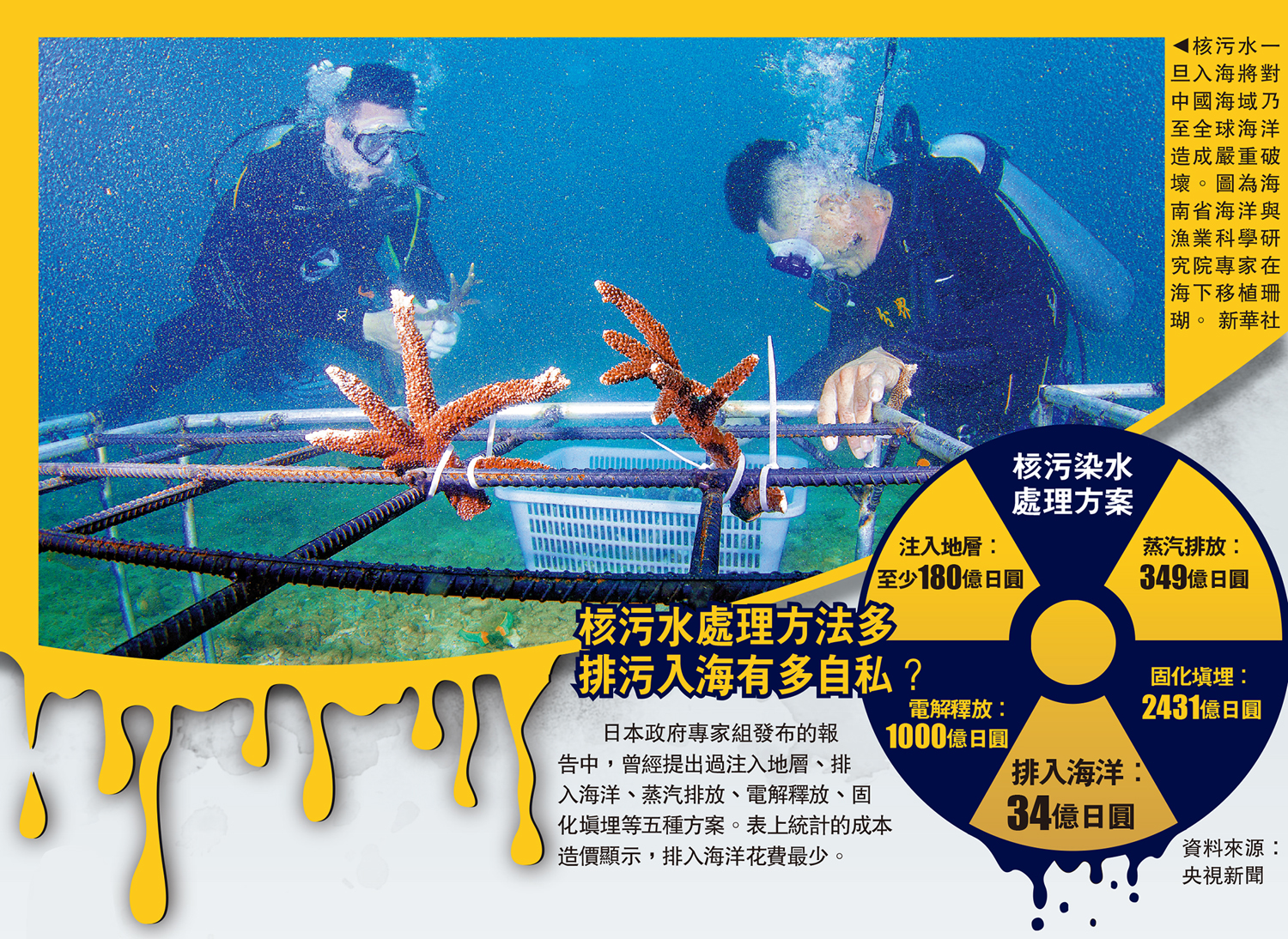 　　圖：核污水一旦入海將對中國海域乃至全球海洋造成嚴重破壞。圖為海南省海洋與漁業科學研究院專家在海下移植珊瑚。/新華社