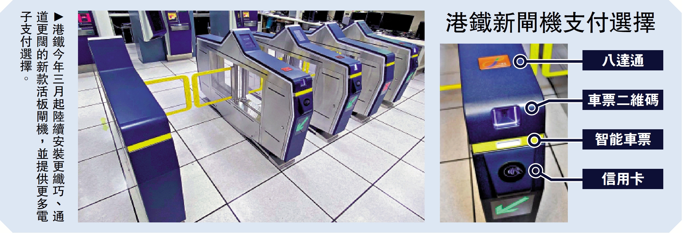 　　圖：港鐵今年三月起陸續安裝更纖巧、通道更闊的新款活板閘機，並提供更多電子支付選擇。