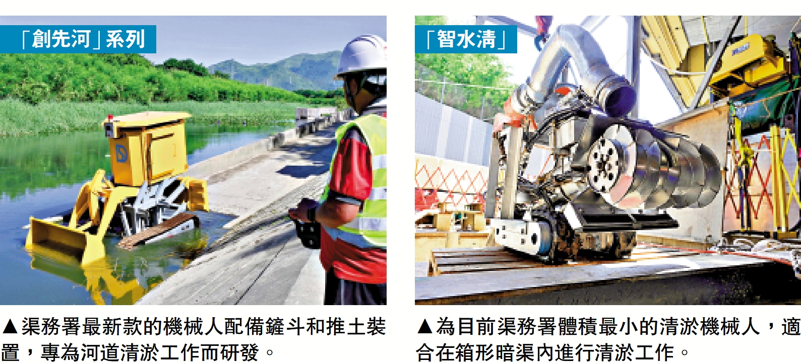 　　左圖：渠務署最新款的機械人配備鏟斗和推土裝置，專為河道清淤工作而研發。右圖：為目前渠務署體積最小的清淤機械人，適合在箱形暗渠內進行清淤工作。