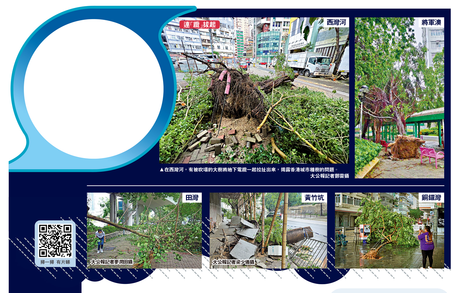 　　圖：在西灣河，有被吹塌的大樹將地下電纜一起拉扯出來，揭露香港城市種樹的問題。\大公報記者鄭雷攝
