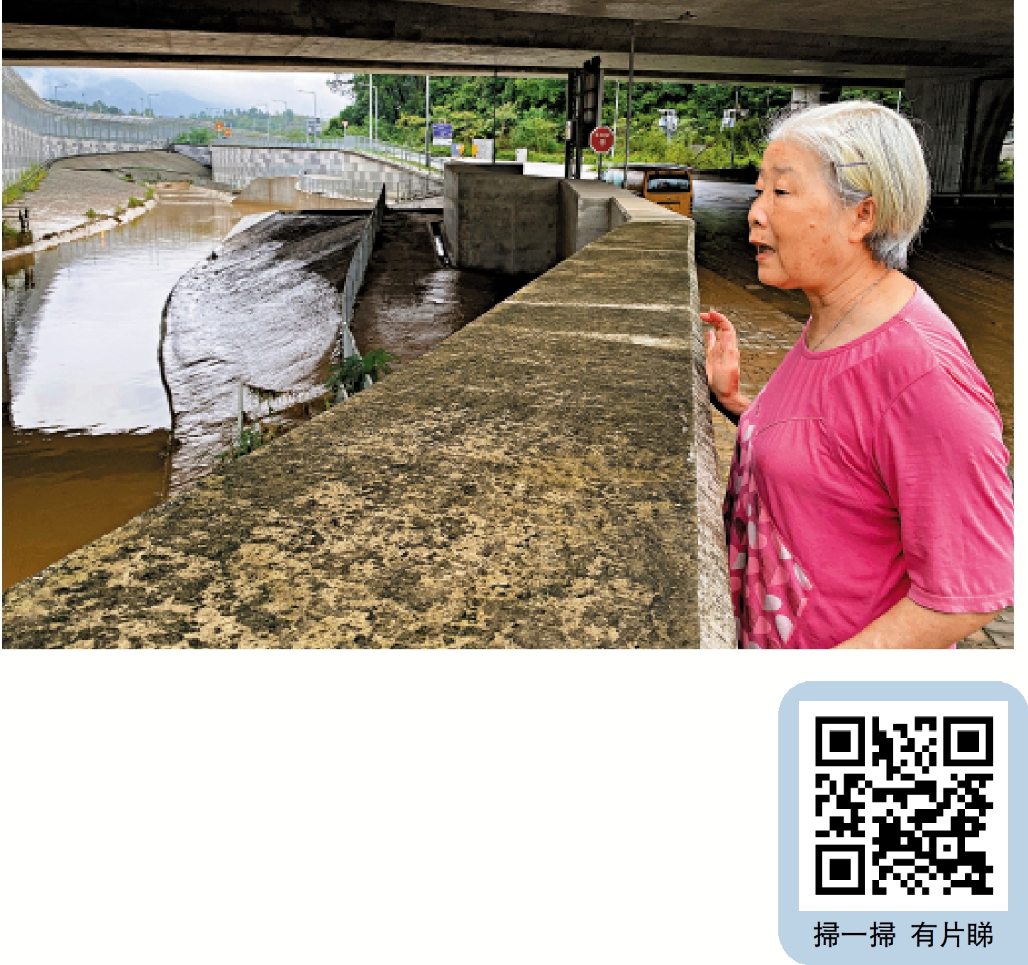 　　圖：坪洋村的馮太表示村內並無水浸，而香園圍口岸的大坑渠水位曾升得頗高，但未有溢出路面。\大公報記者葉浩源攝