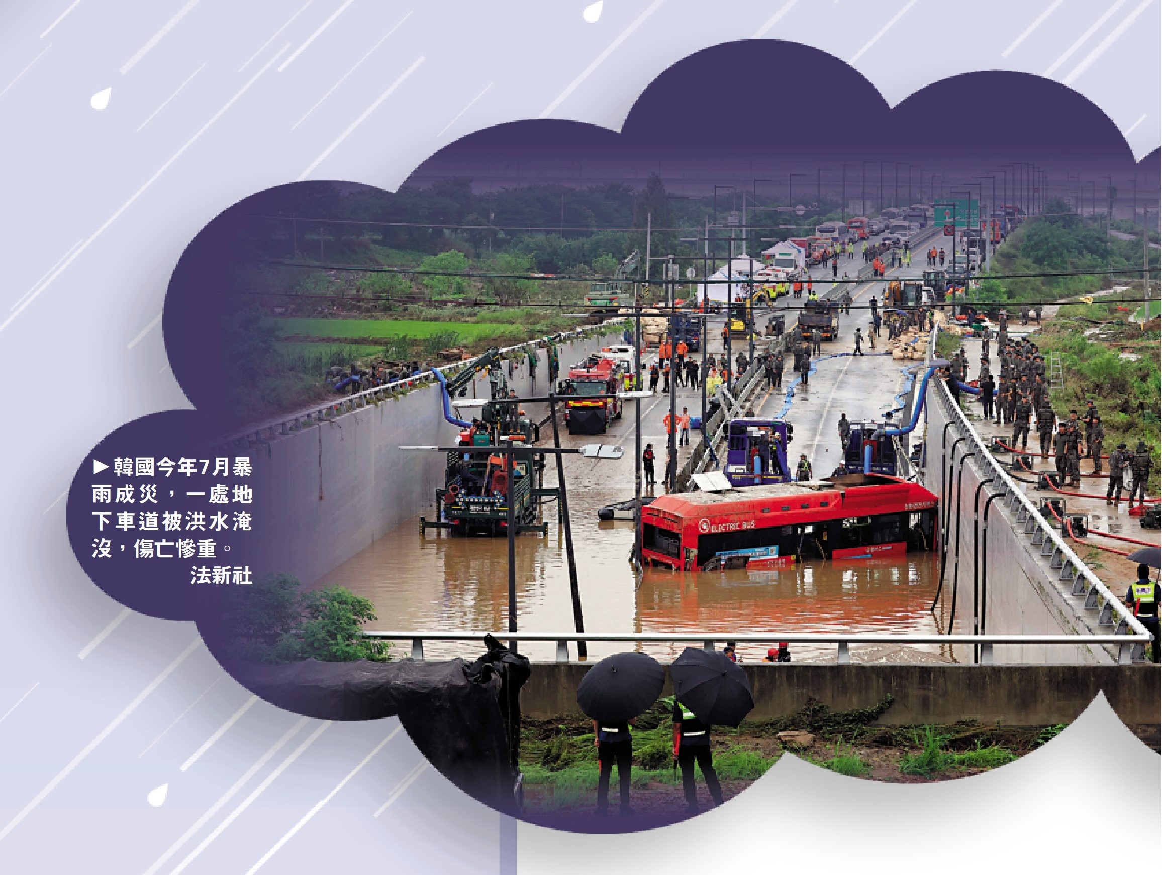 　　圖：韓國今年7月暴雨成災，一處地下車道被洪水淹沒，傷亡慘重。\法新社
