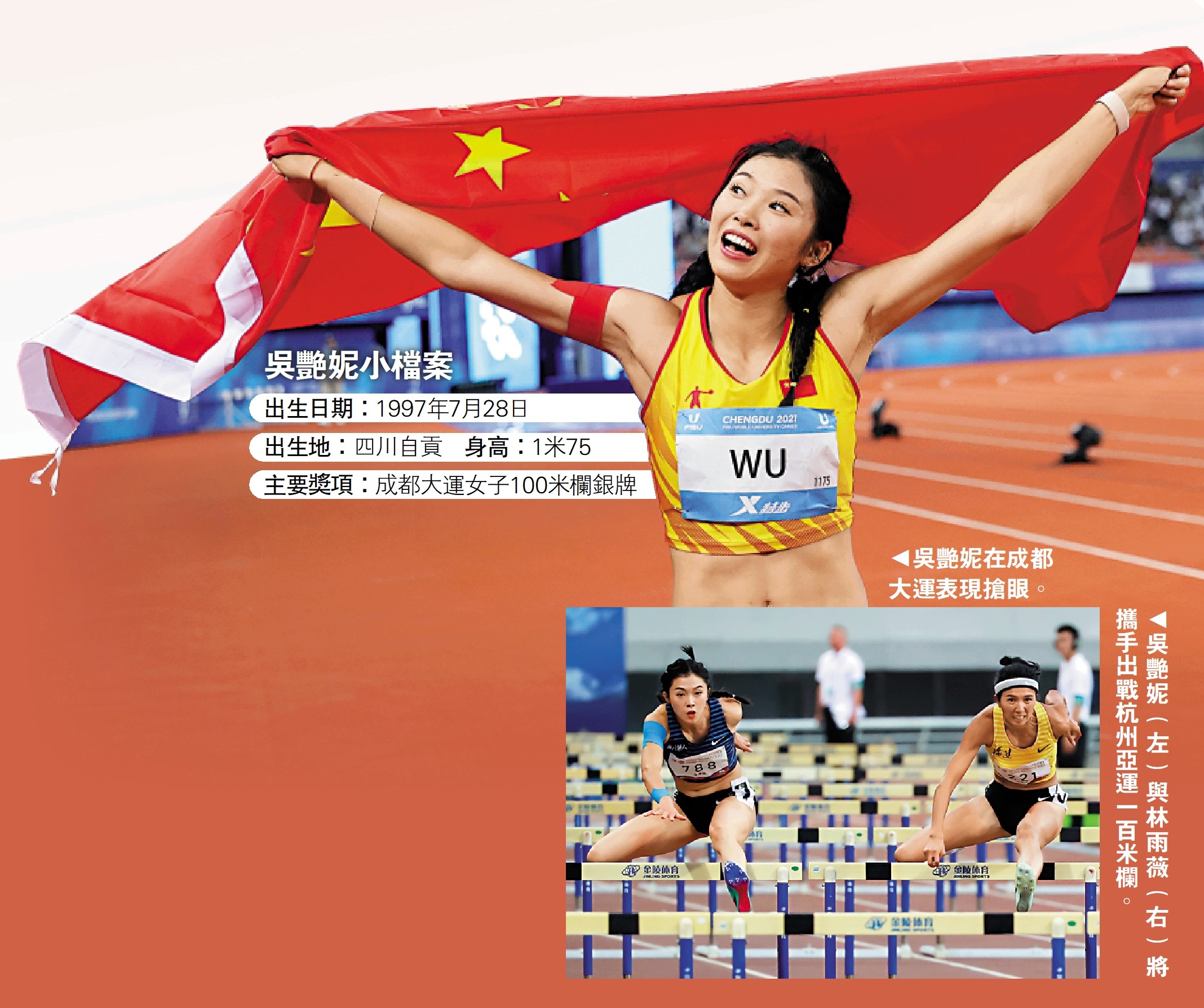　　上圖：吳艷妮在成都大運表現搶眼。下圖：吳艷妮（左）與林雨薇（右）將攜手出戰杭州亞運一百米欄。