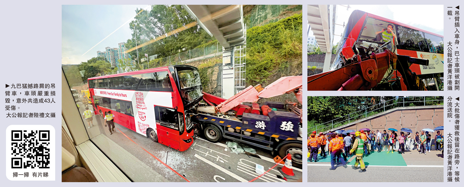 　　左圖：九巴猛撼路肩的吊臂車，車頭嚴重損毀，意外共造成43人受傷。\大公報記者陸禮文攝；右上圖：吊臂插入車身，巴士車頭被劏開一截。右下圖：大批傷者獲救後留在路旁，等候分流送院。\大公報記者黃洋港攝