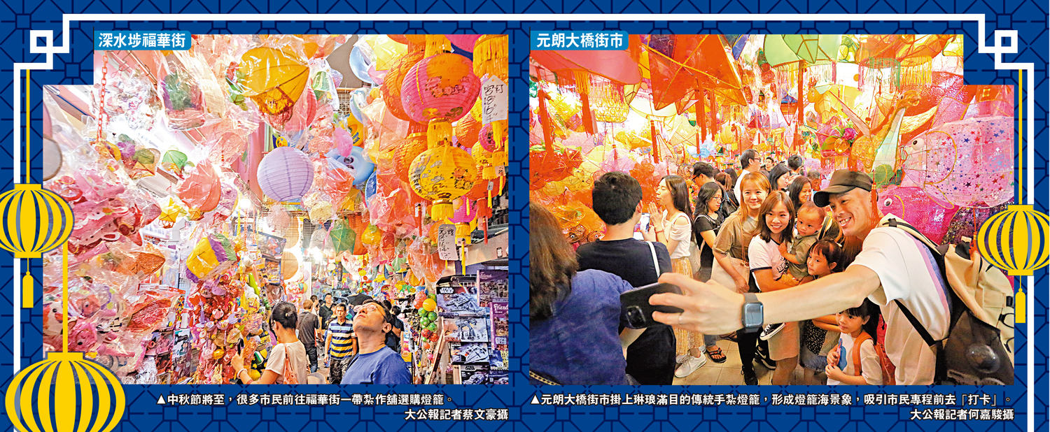 　　左圖：中秋節將至，很多市民前往福華街一帶紮作舖選購燈籠。\大公報記者蔡文豪攝；右圖：元朗大橋街市掛上琳琅滿目的傳統手紮燈籠，形成燈籠海景象，吸引市民專程前去「打卡」。\大公報記者何嘉駿攝