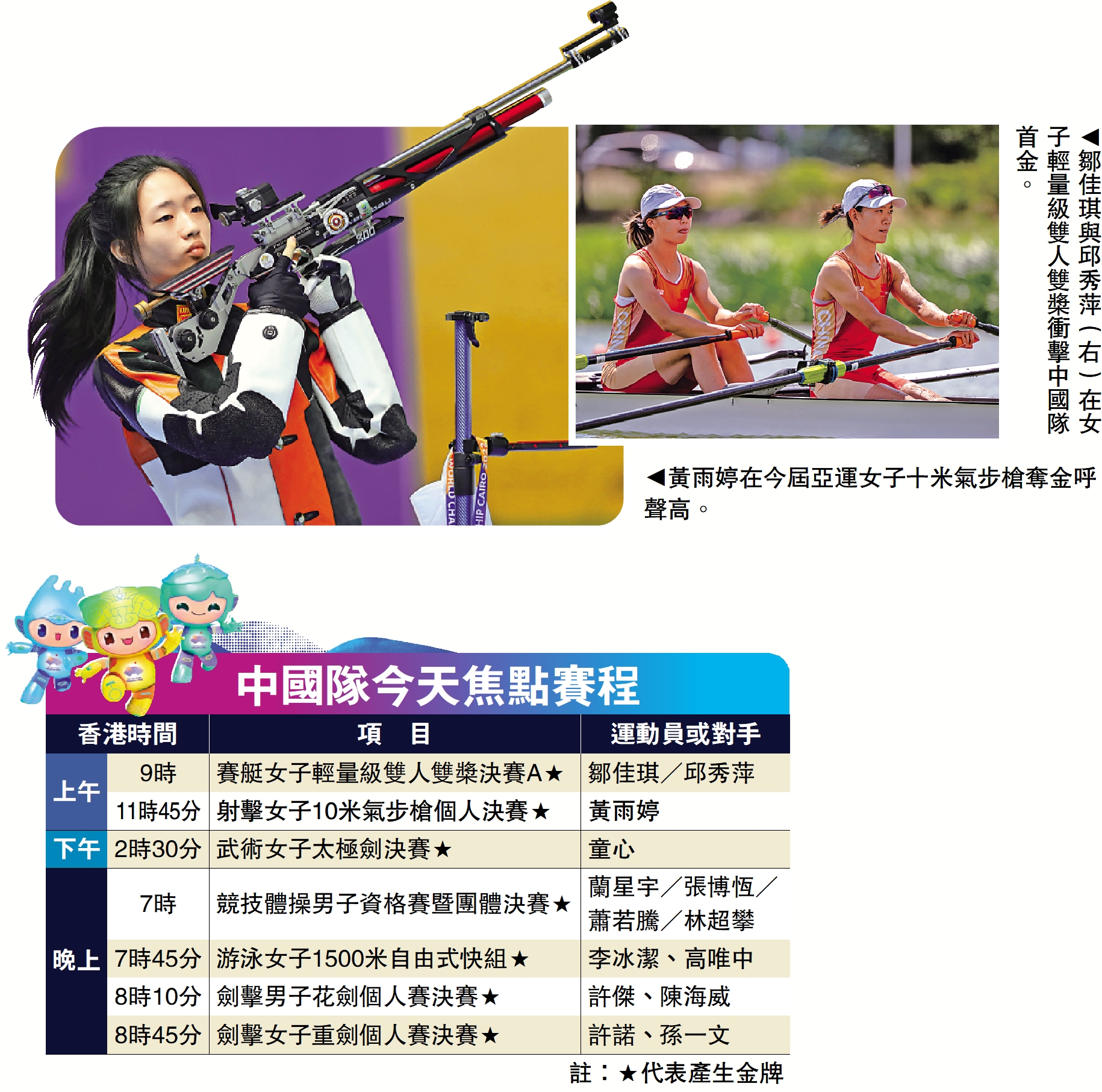 　　右圖：鄒佳琪與邱秀萍（右）在女子輕量級雙人雙槳衝擊中國隊首金。左圖：黃雨婷在今屆亞運女子十米氣步槍奪金呼聲高。