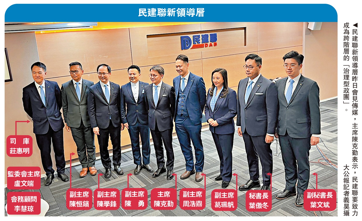　　圖：民建聯新領導層昨日會見傳媒，主席陳克勤表示，民建聯要致力成為跨階層的「治理型政團」。\大公報記者義昊攝