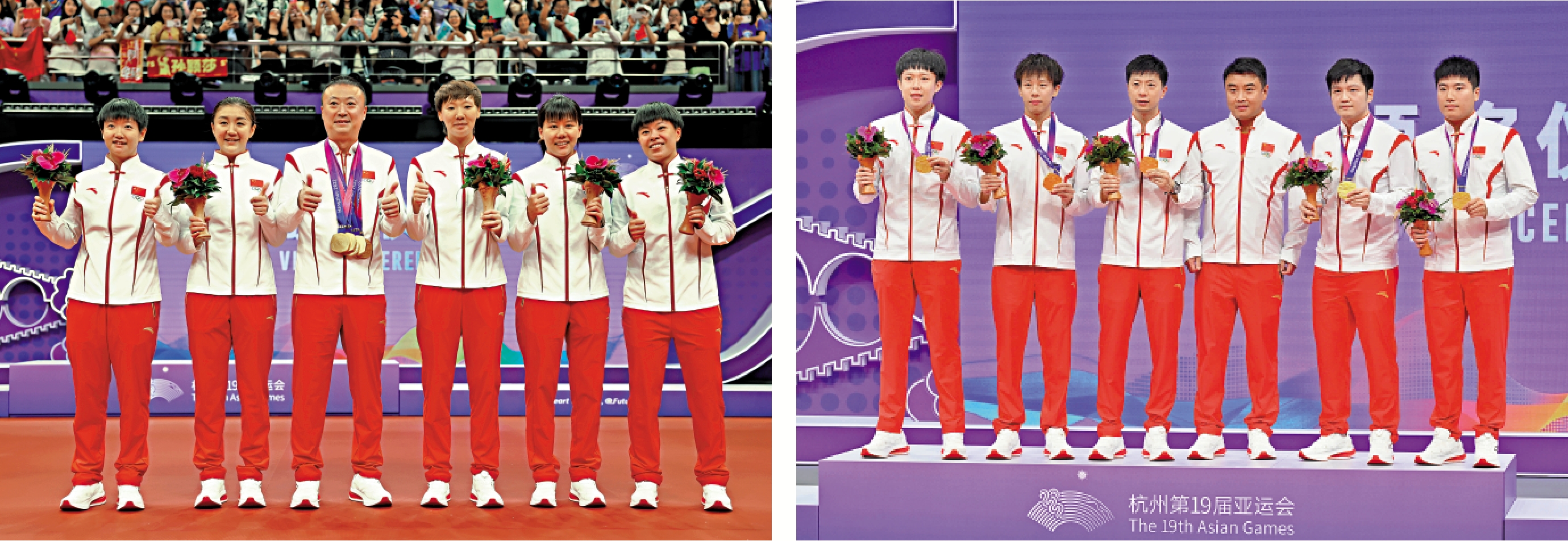 　　左圖：中國隊在女子乒乓球團體決賽，以3比0戰勝日本隊奪得冠軍。 新華社  右圖：中國隊在男子乒乓球團體決賽，以3：0戰勝韓國隊，獲得八連冠。 中新社