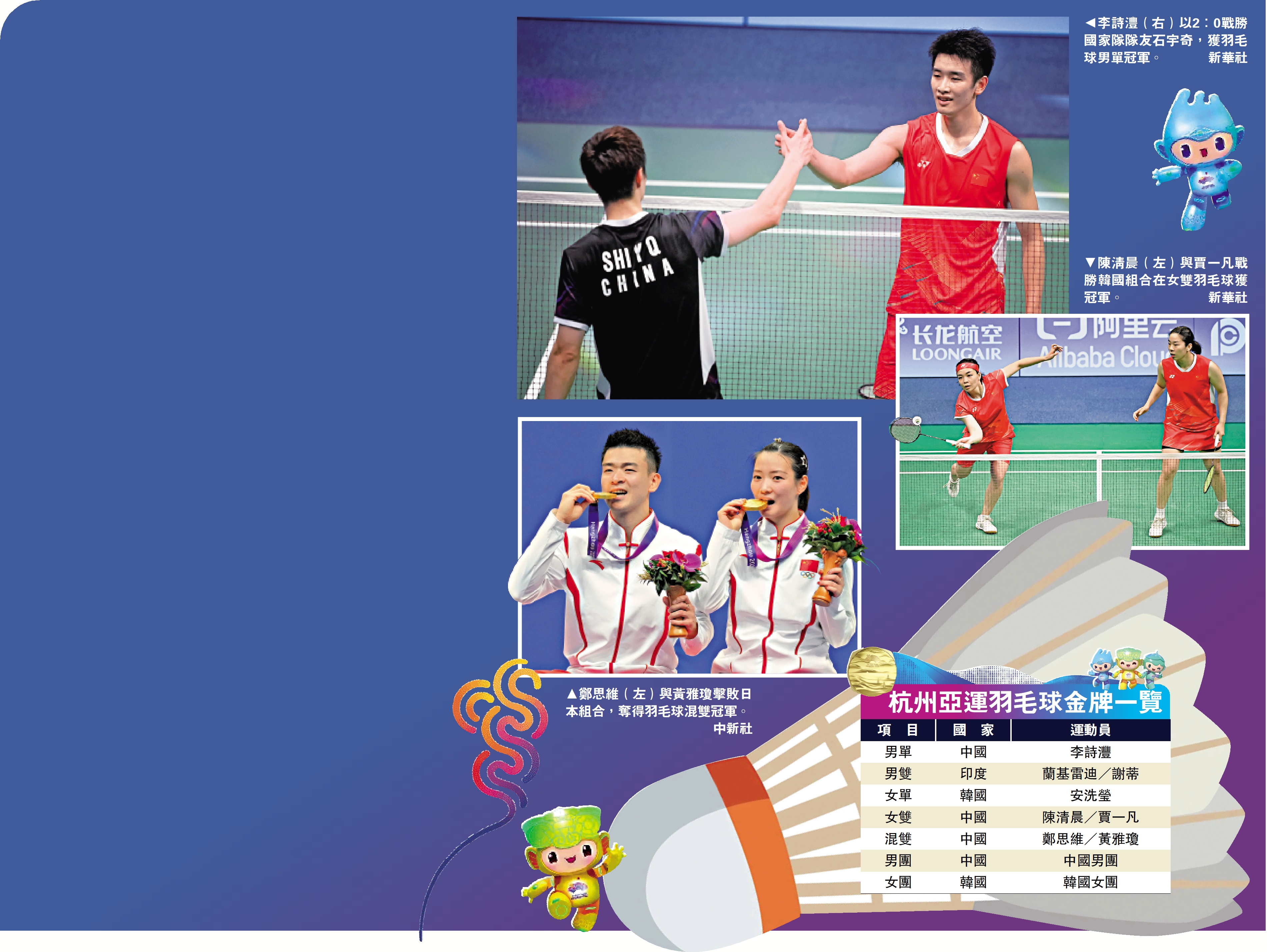 　　圖：杭州亞運羽毛球金牌一覽