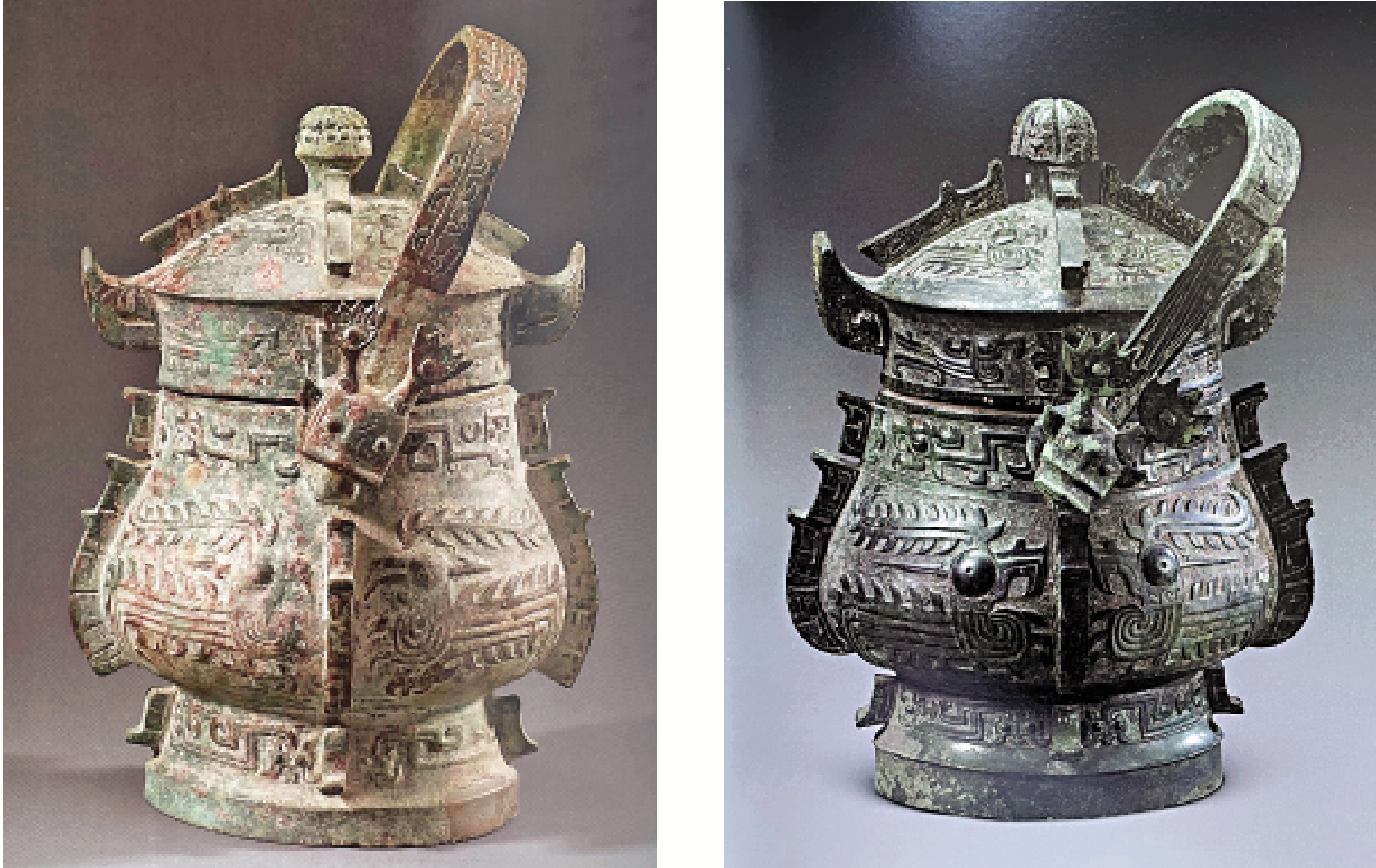 　　左圖：陝西韓城梁帶村西周芮國墓地出土之鳳鳥紋銅提梁卣。\作者供圖；右圖：江西南昌漢代海昏侯國遺址出土之西周鳳鳥紋銅提梁卣。\作者供圖