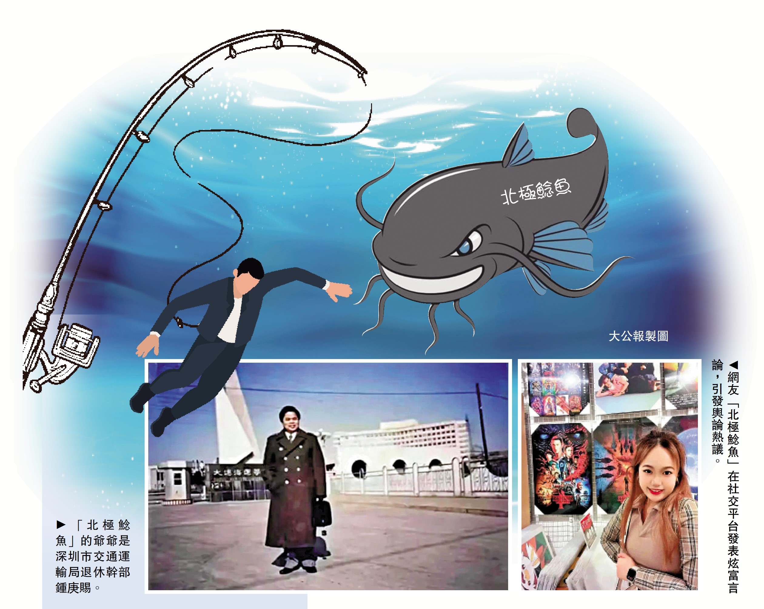 　　左圖：「北極鯰魚」的爺爺是深圳市交通運輸局退休幹部鍾庚賜。右圖：網友「北極鯰魚」在社交平台發表炫富言論，引發輿論熱議。