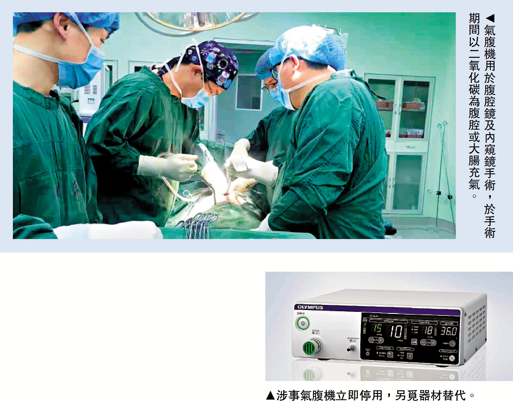 　　上圖：氣腹機用於腹腔鏡及內窺鏡手術，於手術期間以二氧化碳為腹腔或大腸充氣。下圖：涉事氣腹機立即停用，另覓器材替代。