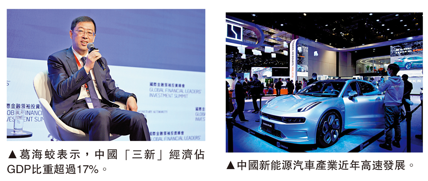 　　左圖：葛海蛟表示，中國「三新」經濟佔GDP比重超過17%。右圖：中國新能源汽車產業近年高速發展。