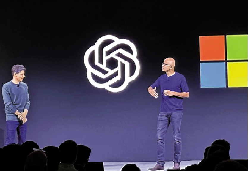 　　圖：OpenAI行政總裁阿爾特曼（左）和微軟CEO納德拉在6日的開發者大會上講話。\美聯社