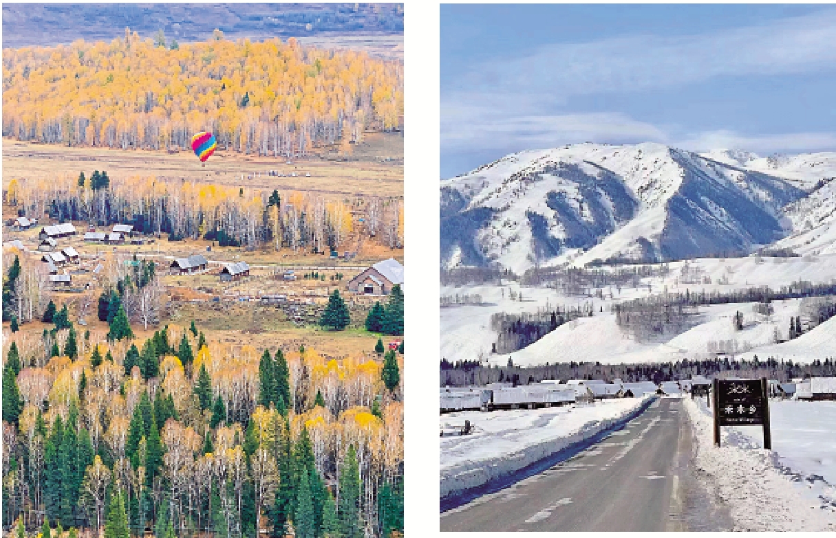 　　左圖：禾木的秋色別有一番韻味。右圖：被大雪覆蓋的禾木，如童話景色。