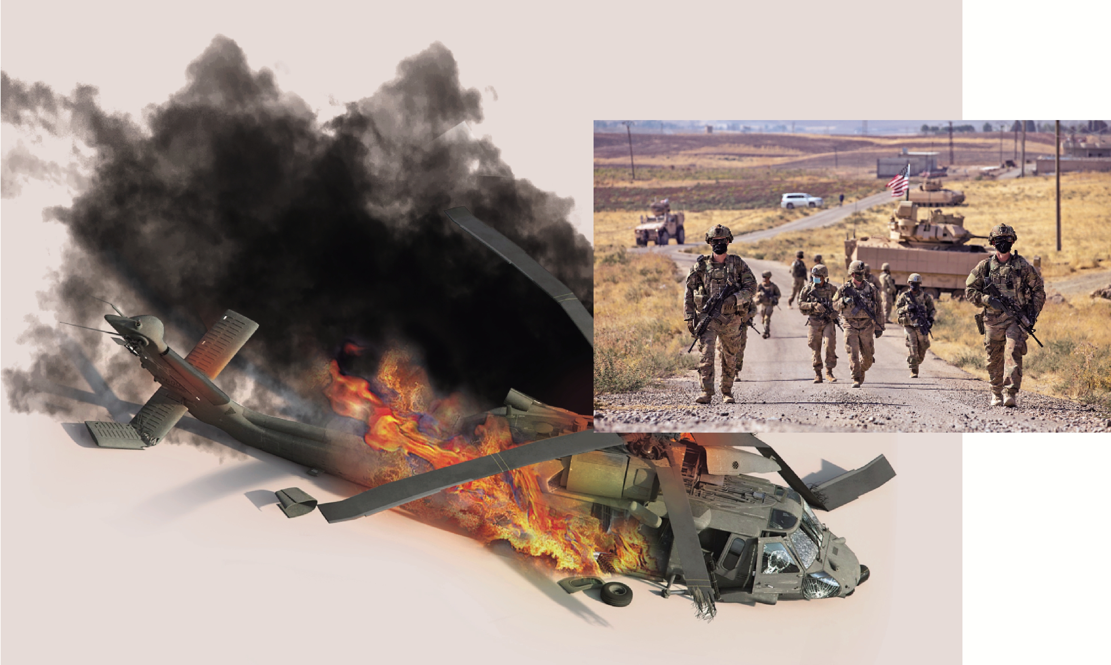　　左圖：美軍一架「黑鷹」直升機10日在地中海墜毀。\設計圖片　右圖：美國近期向中東增兵，加劇地區緊張局勢。圖為駐敘美軍2020年前往一處煉油廠。\資料圖片