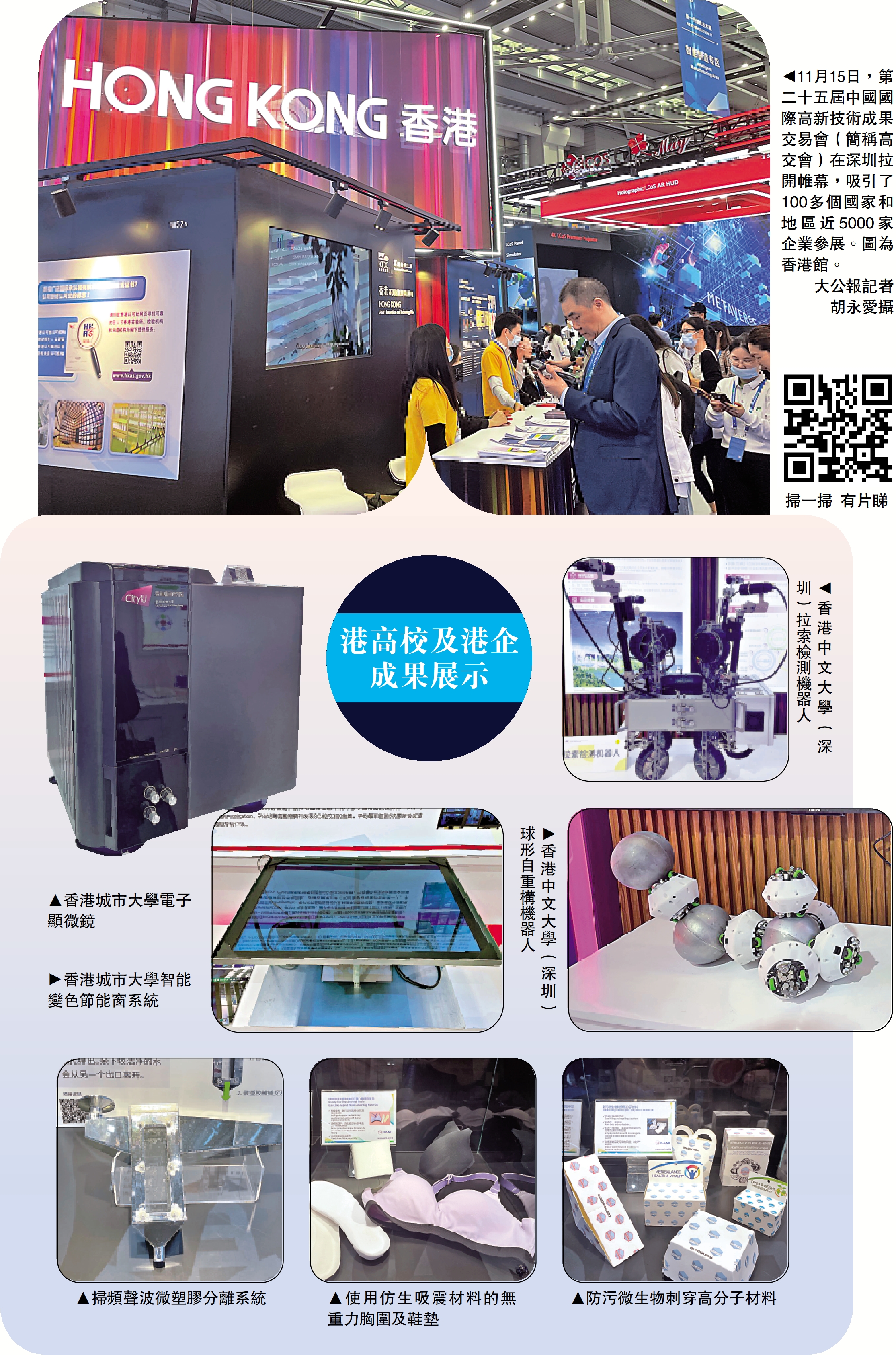 　　圖：11月15日，第二十五屆中國國際高新技術成果交易會（簡稱高交會）在深圳拉開帷幕，吸引了100多個國家和地區近5000家企業參展。圖為香港館。\大公報記者胡永愛攝