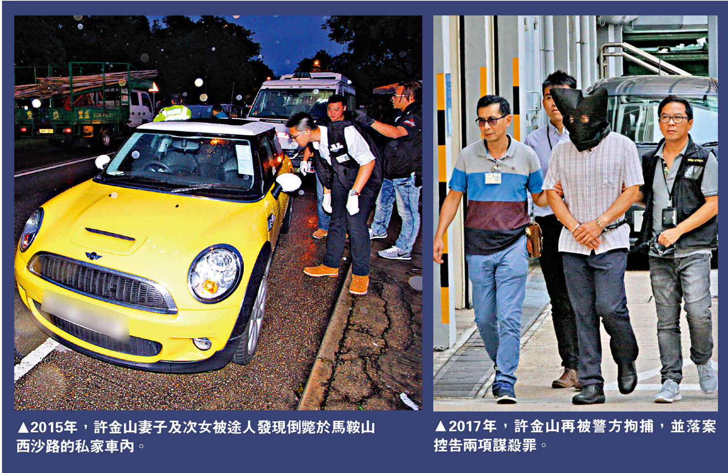 　　左圖：2015年，許金山妻子及次女被途人發現倒斃於馬鞍山西沙路的私家車內。右圖：2017年，許金山再被警方拘捕，並落案控告兩項謀殺罪。