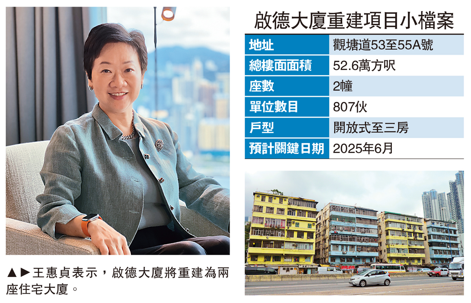 　　圖：王惠貞表示，啟德大廈將重建為兩座住宅大廈。