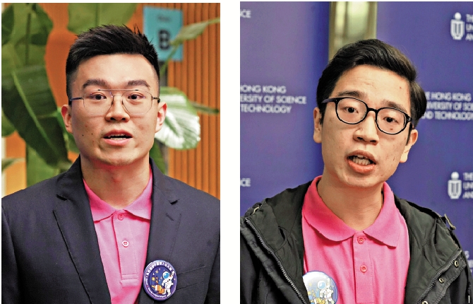 　　圖：科大碩士生方惠廷（右圖）和博士生緒偉凡（左圖）在台上與代表團討論交流。