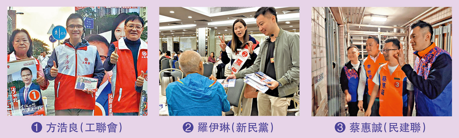 　　圖：沙田北候選人：❶ 方浩良（工聯會）、❷ 羅伊琳（新民黨）、❸ 蔡惠誠（民建聯）
