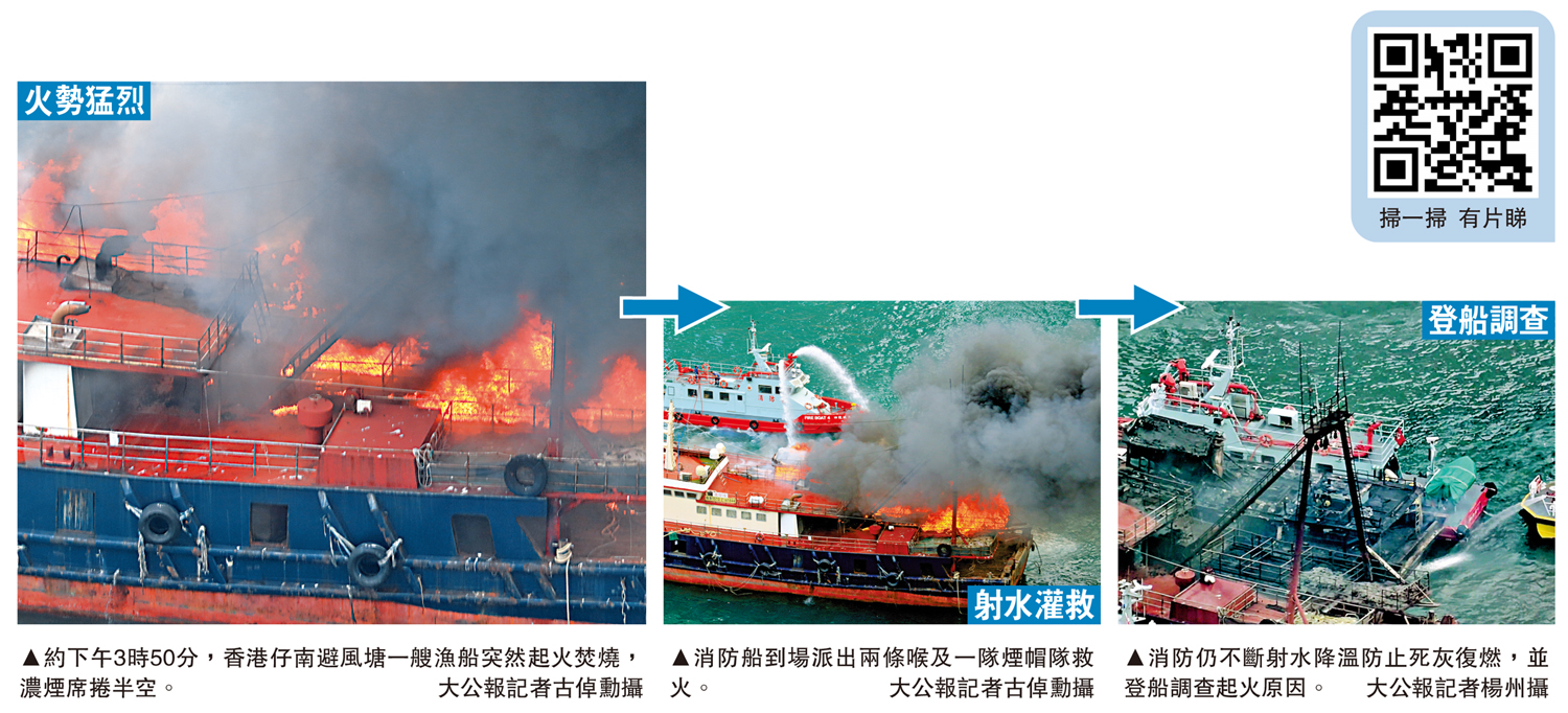 　　圖：（左起）約下午3時50分，香港仔南避風塘一艘漁船突然起火焚燒，濃煙席捲半空。消防船到場派出兩條喉及一隊煙帽隊救火。大公報記者古倬勳攝；消防仍不斷射水降溫防止死灰復燃，並登船調查起火原因。\大公報記者楊州攝