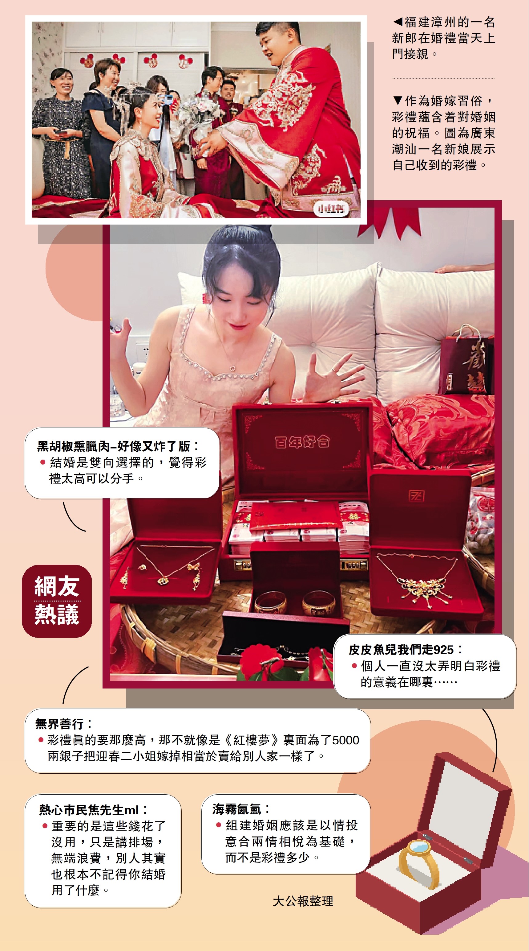 　　上圖：福建漳州的一名新郎在婚禮當天上門接親。　下圖：作為婚嫁習俗，彩禮蘊含着對婚姻的祝福。圖為廣東潮汕一名新娘展示自己收到的彩禮。