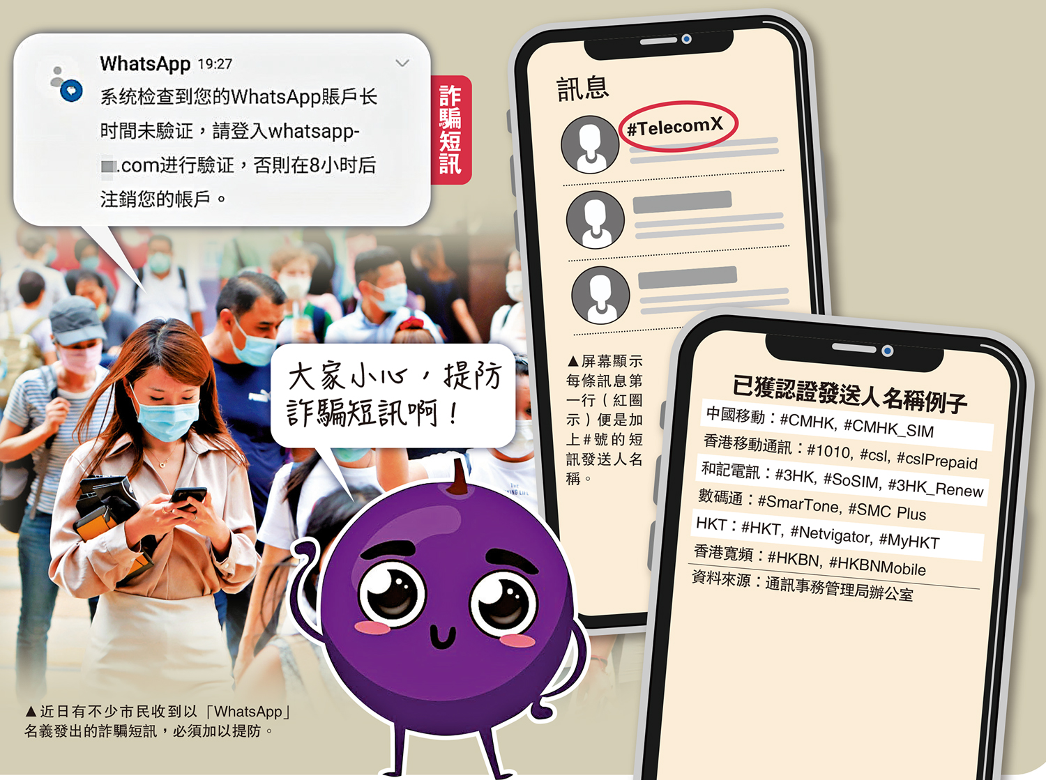 　　圖：近日有不少市民收到以「WhatsApp」名義發出的詐騙短訊，必須加以提防。