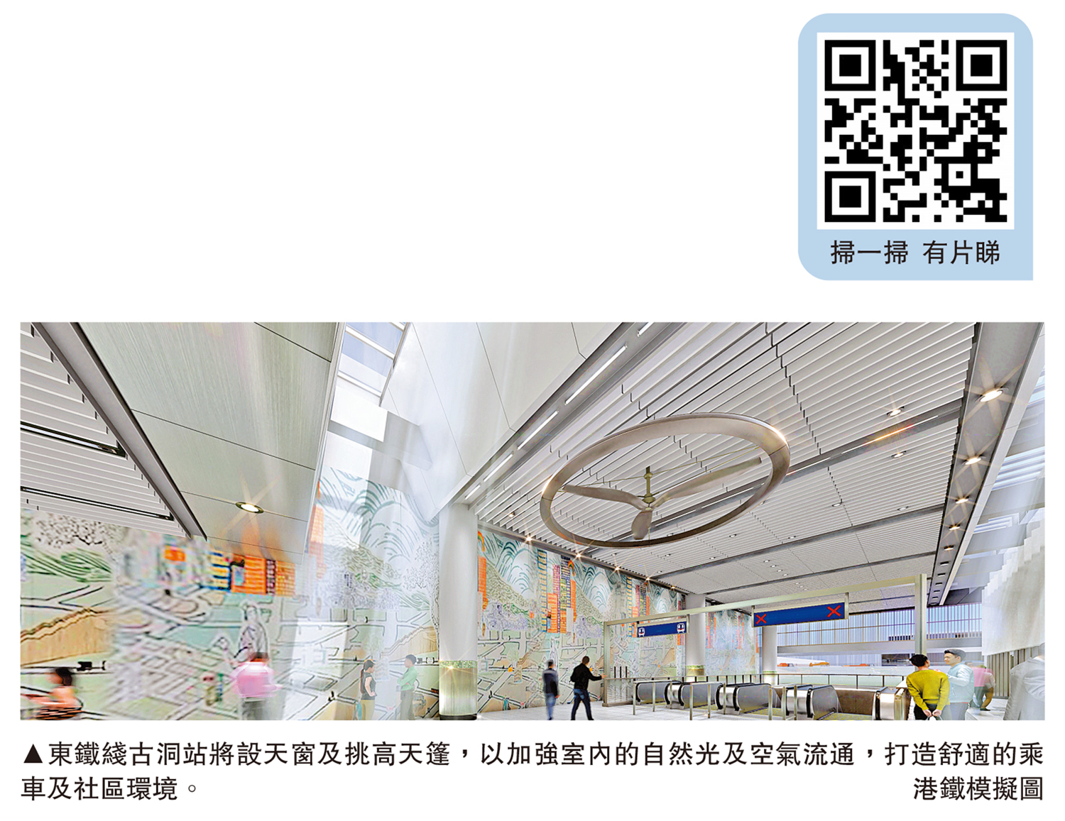 　　圖：東鐵綫古洞站將設天窗及挑高天篷，以加強室內的自然光及空氣流通，打造舒適的乘車及社區環境。\港鐵模擬圖