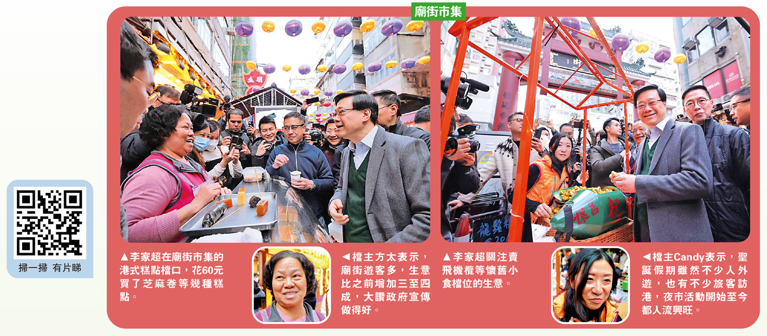 　　左圖：李家超在廟街市集的港式糕點檔口，花60元買了芝麻卷等幾種糕點。右圖：李家超關注賣飛機欖等懷舊小食檔位的生意。左下圖：檔主方太表示，廟街遊客多，生意比之前增加三至四成，大讚政府宣傳做得好。右下圖：檔主Candy表示，聖誕假期雖然不少人外遊，也有不少旅客訪港，夜市活動開始至今都人流興旺。
