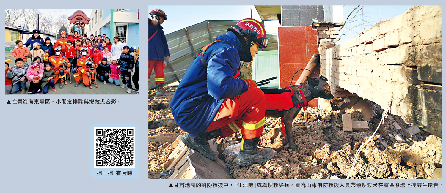 　　左圖：在青海海東震區，小朋友排隊與搜救犬合影。右圖：甘肅地震的搶險救援中，「汪汪隊」成為搜救尖兵。圖為山東消防救援人員帶領搜救犬在震區廢墟上搜尋生還者。