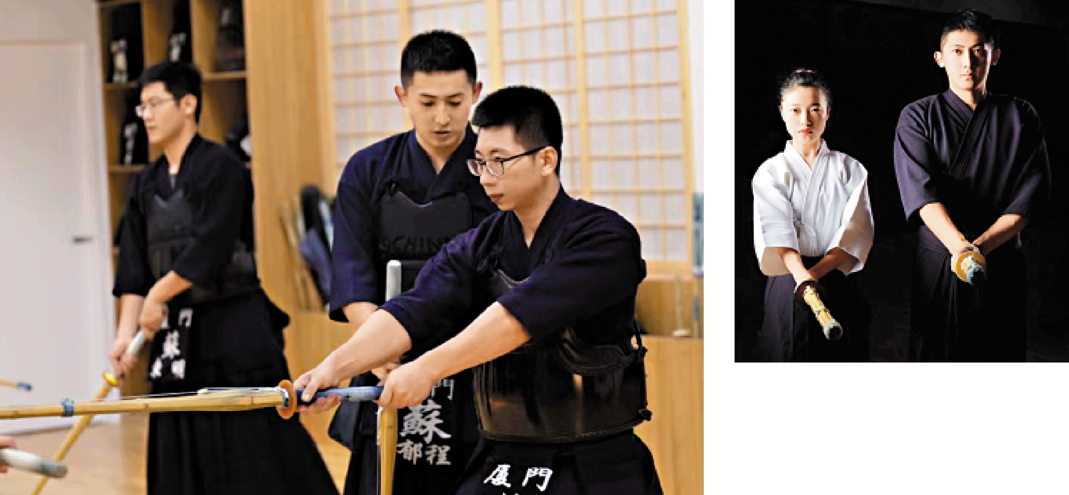 　　左圖：台灣劍道教練蘇郁程在廈門的道館指導學生。右圖：台灣劍道教練蘇郁程和太太朱婷因劍道結緣，一起在大陸打拚。