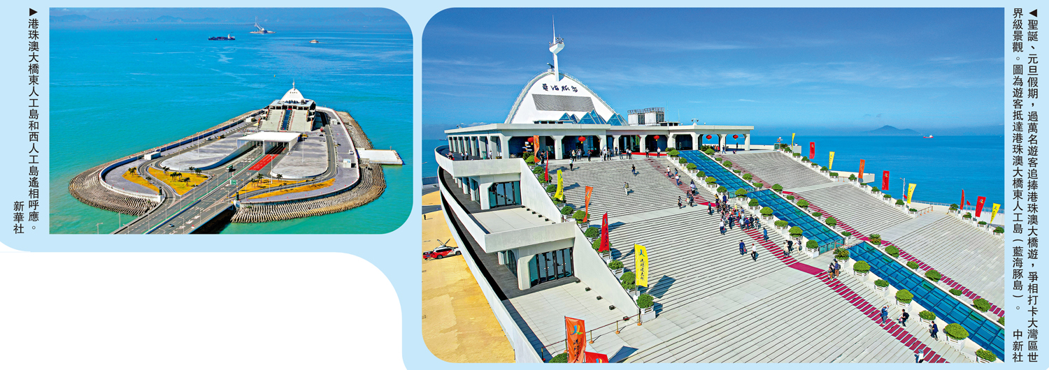 　　左圖：港珠澳大橋東人工島和西人工島遙相呼應。\新華社；右圖：聖誕、元旦假期，過萬名遊客追捧港珠澳大橋遊，爭相打卡大灣區世界級景觀。圖為遊客抵達港珠澳大橋東人工島（藍海豚島）。\中新社