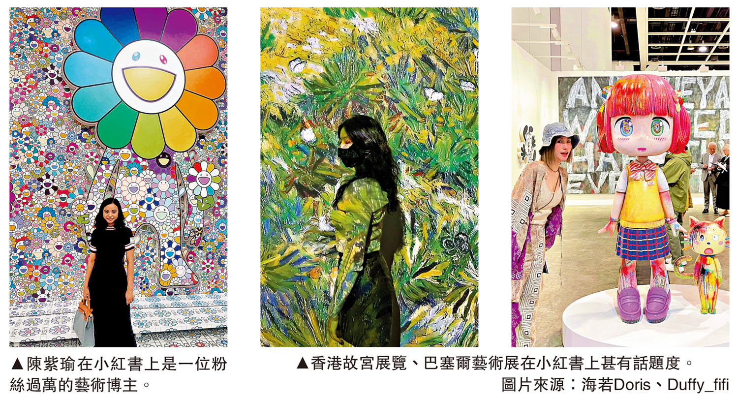 　　左圖：陳紫瑜在小紅書上是一位粉絲過萬的藝術博主。右圖：香港故宮展覽、巴塞爾藝術展在小紅書上甚有話題度。\圖片來源：海若Doris、Duffy_fifi