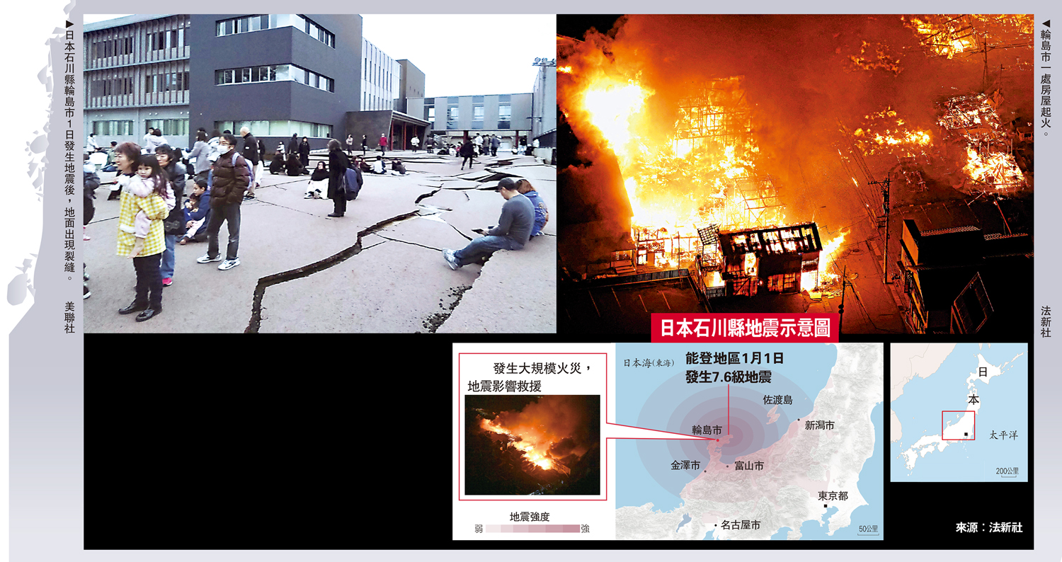 　　左圖：日本石川縣輪島市1日發生地震後，地面出現裂縫。\美聯社；右圖：輪島市一處房屋起火。\法新社