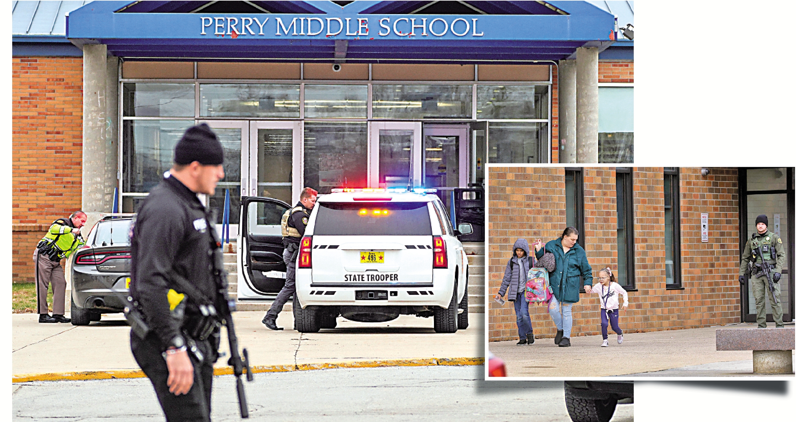 　　圖：美國執法人員4日在佩里中學處理槍案現場。 路透社