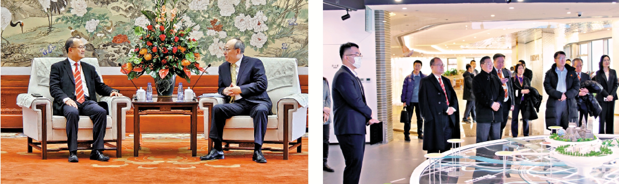 　　左圖：北京市委書記尹力會見蔡冠深一行。右圖：中總代表團參觀通州區運河商務區光大中心。