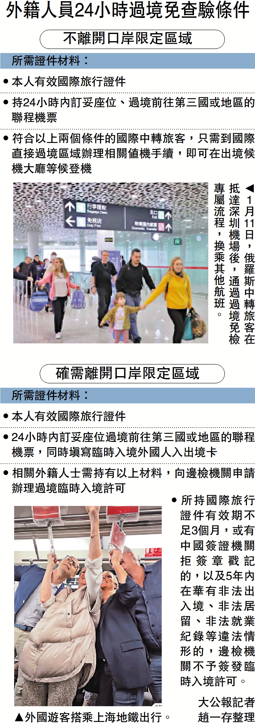 　　上圖：1月11日，俄羅斯中轉旅客在抵達深圳機場後，通過過境免檢專屬流程，換乘其他航班。下圖：外國遊客搭乘上海地鐵出行。