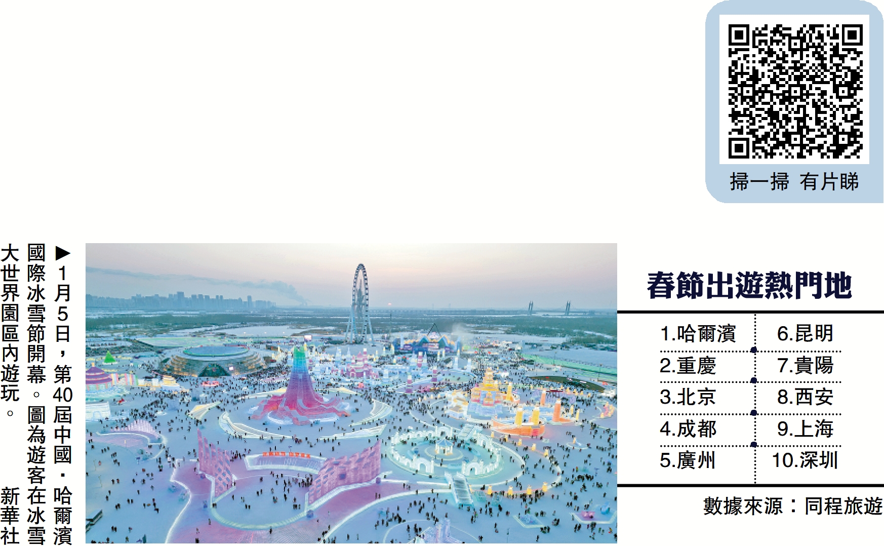　　圖：1月5日，第40屆中國·哈爾濱國際冰雪節開幕。圖為遊客在冰雪大世界園區內遊玩。\新華社