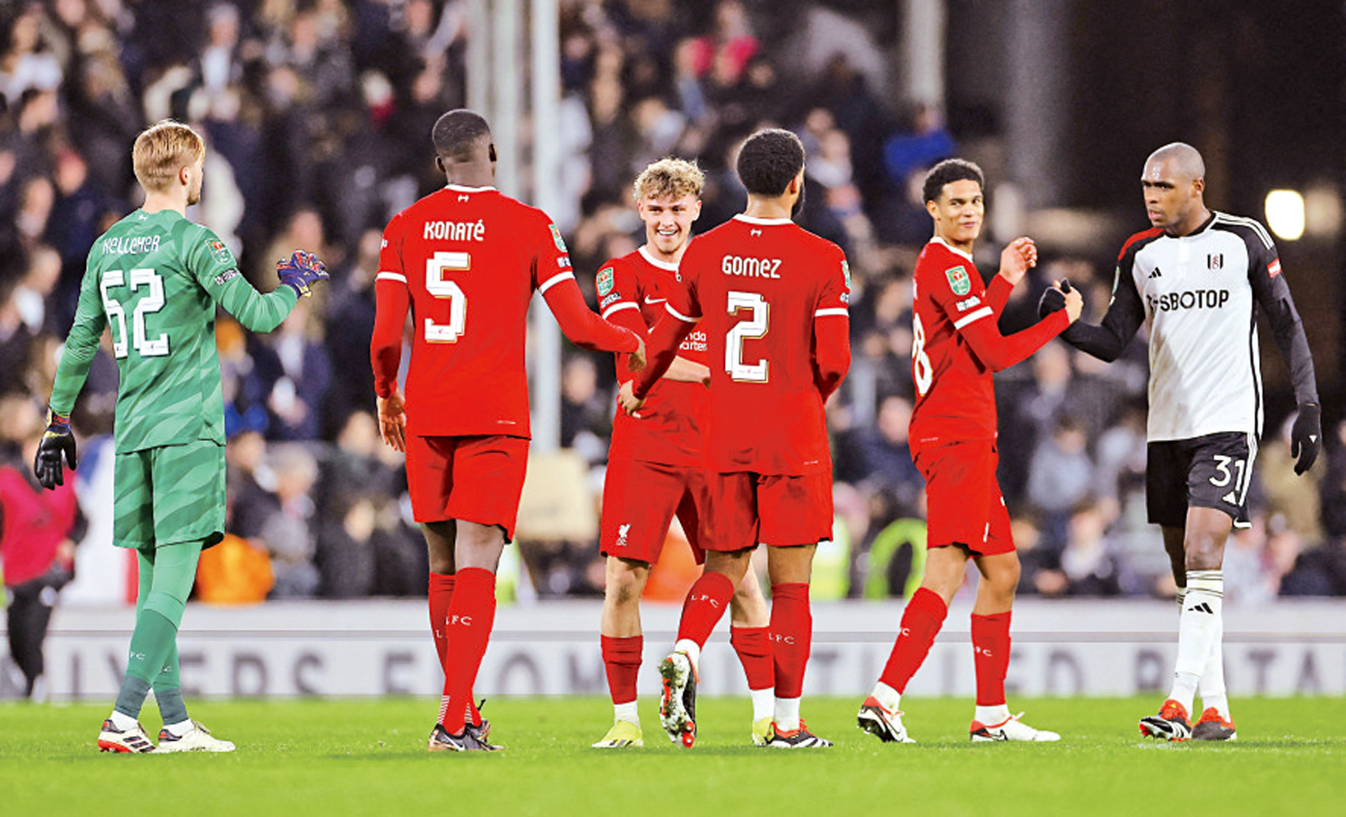 　　圖：利物浦雖賽和富咸，但總比數得以晉級，圖為球員賽後慶祝。\路透社