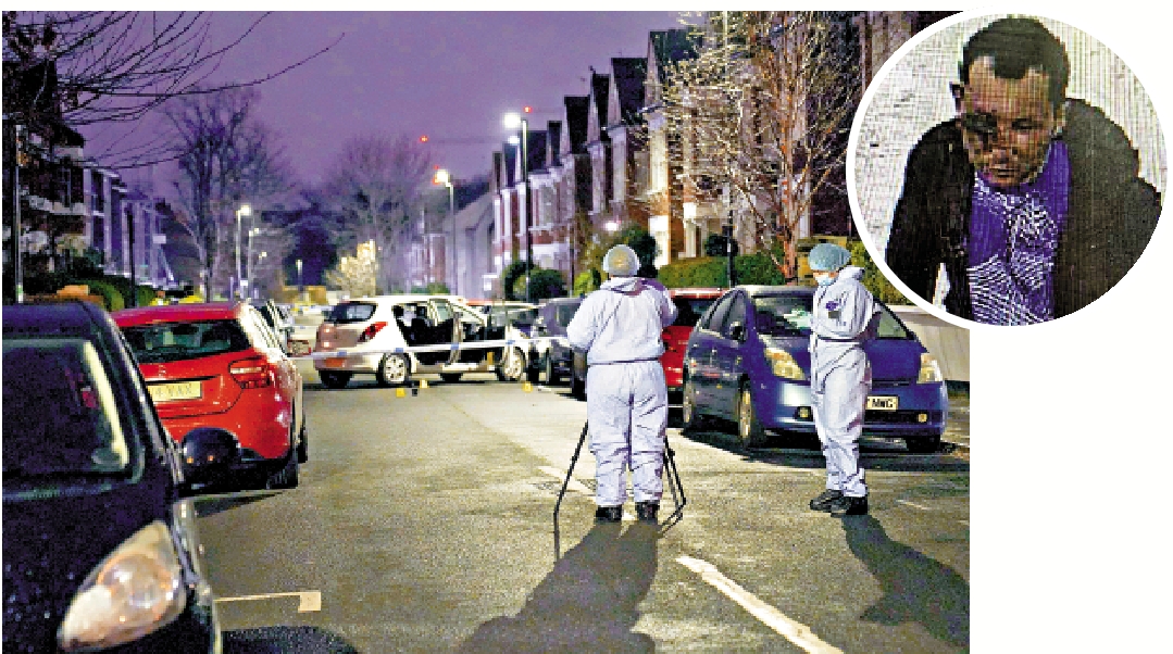 　　上圖：1月31日，潑酸的襲擊者埃澤迪被監控拍下。\美聯社；下圖：英國警方1月31日晚上檢查位於倫敦南部克拉法姆社區附近的事發現場。\美聯社
