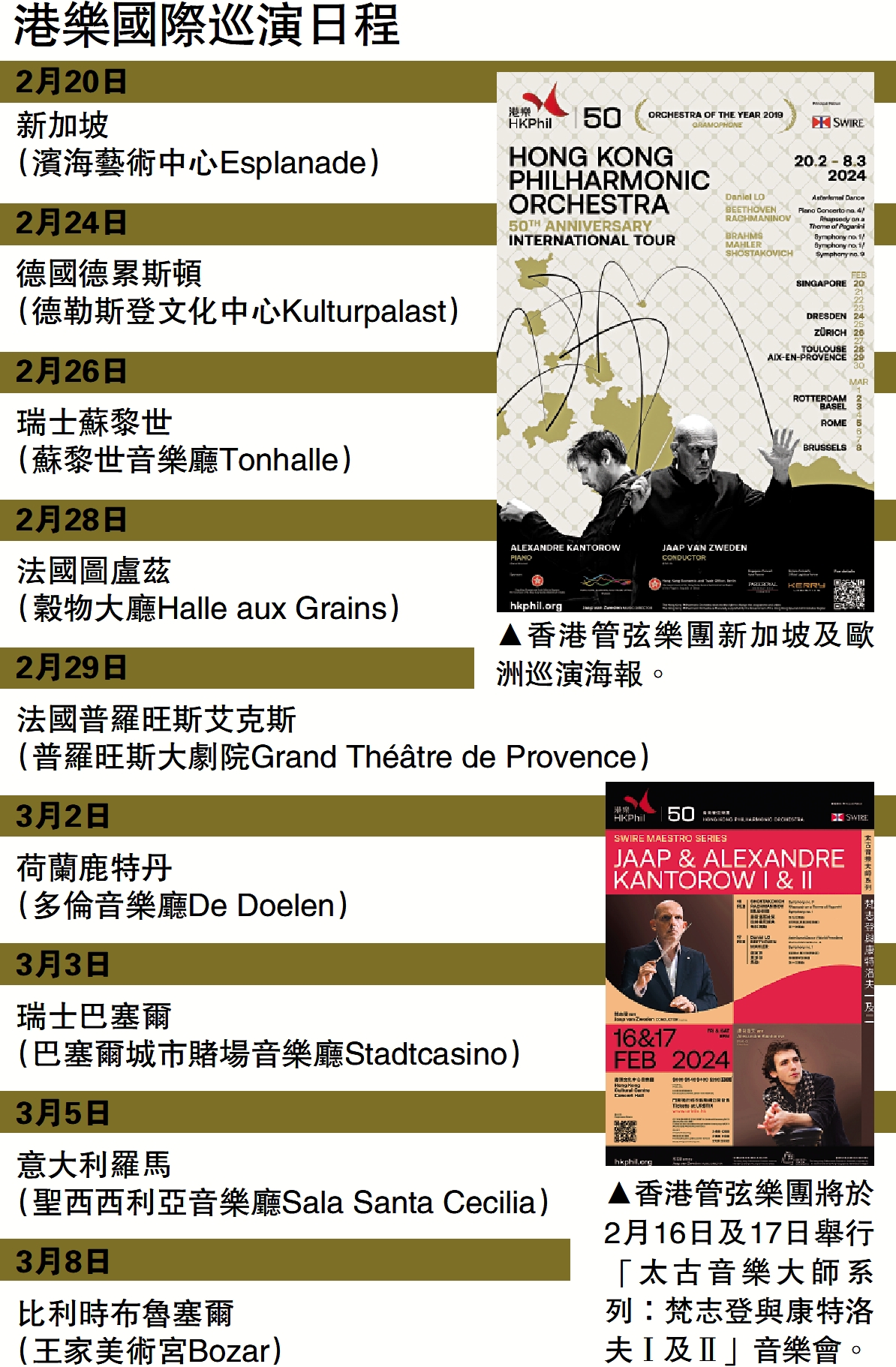 　　上圖：香港管弦樂團新加坡及歐洲巡演海報。下圖：香港管弦樂團將於2月16日及17日舉行「太古音樂大師系列：梵志登與康特洛夫Ⅰ及Ⅱ」音樂會。