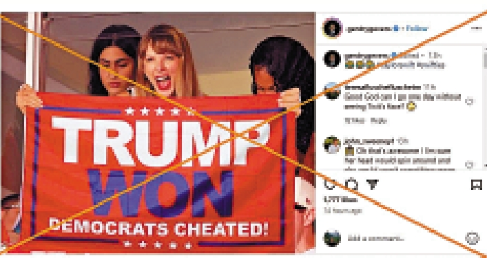 　　圖：AI生成的圖片顯示Taylor Swift手舉支持特朗普的標語。/網絡圖片