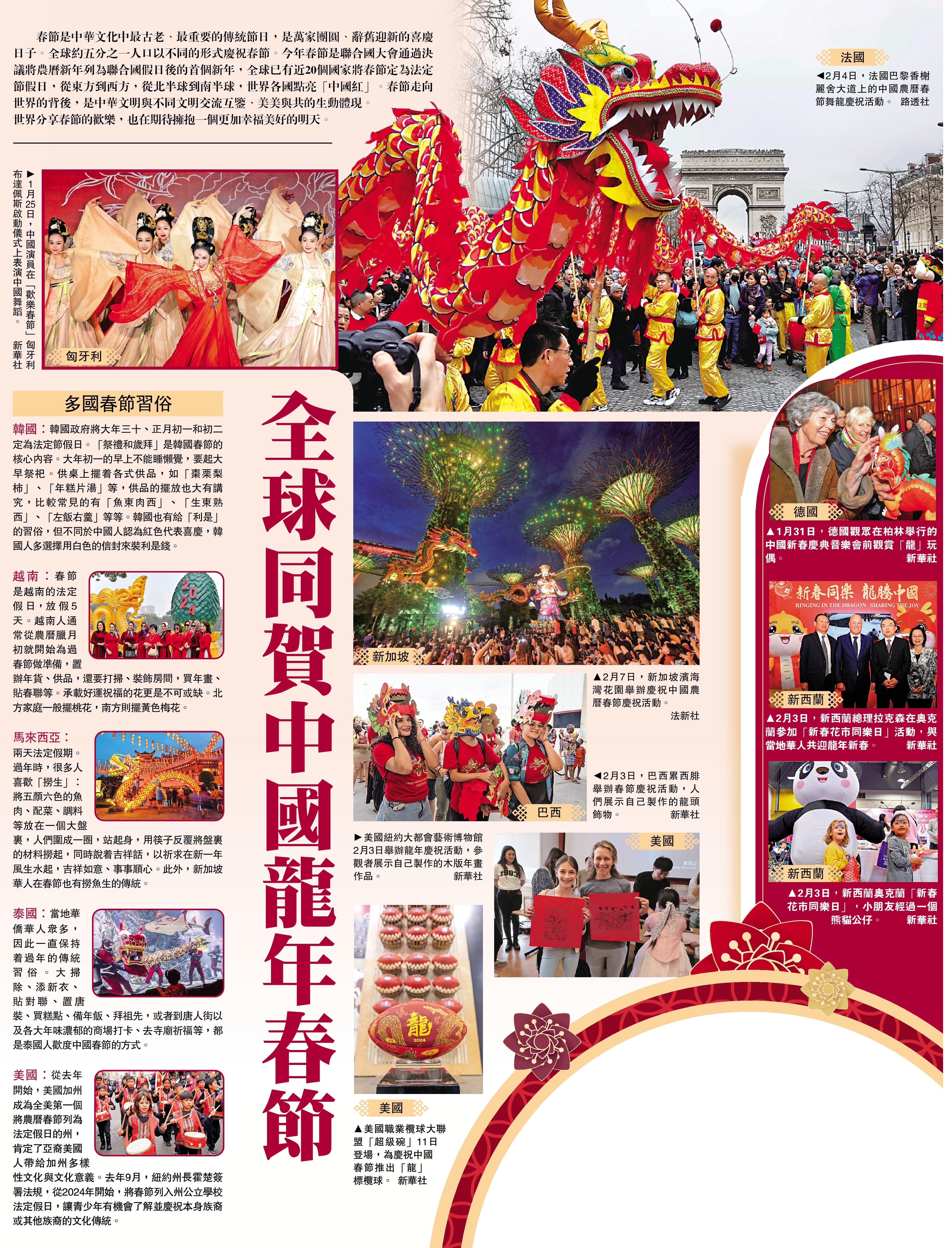 　　圖：2月4日，法國巴黎香榭麗舍大道上的中國農曆春節舞龍慶祝活動。\路透社