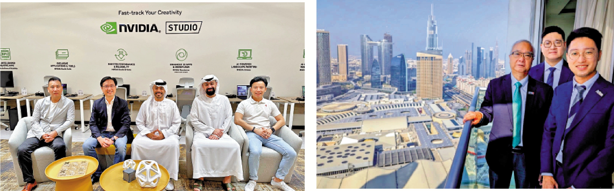 　　左圖：冼漢廸（左二）去年六月往中東，與阿布扎比官員商談科技合作。右圖：環境及生態局局長謝展寰（左一）去年12月在阿聯酋考察創冷科技於迪拜購物中心的項目。